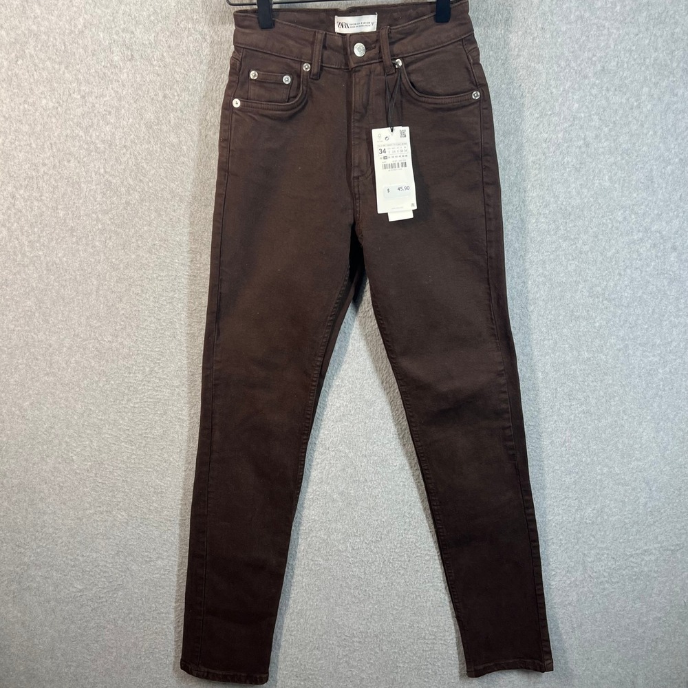 Zara High Rise Skinny Jeans Womens Size 2 Brown Denim Split‎ Hem for Heels NWT